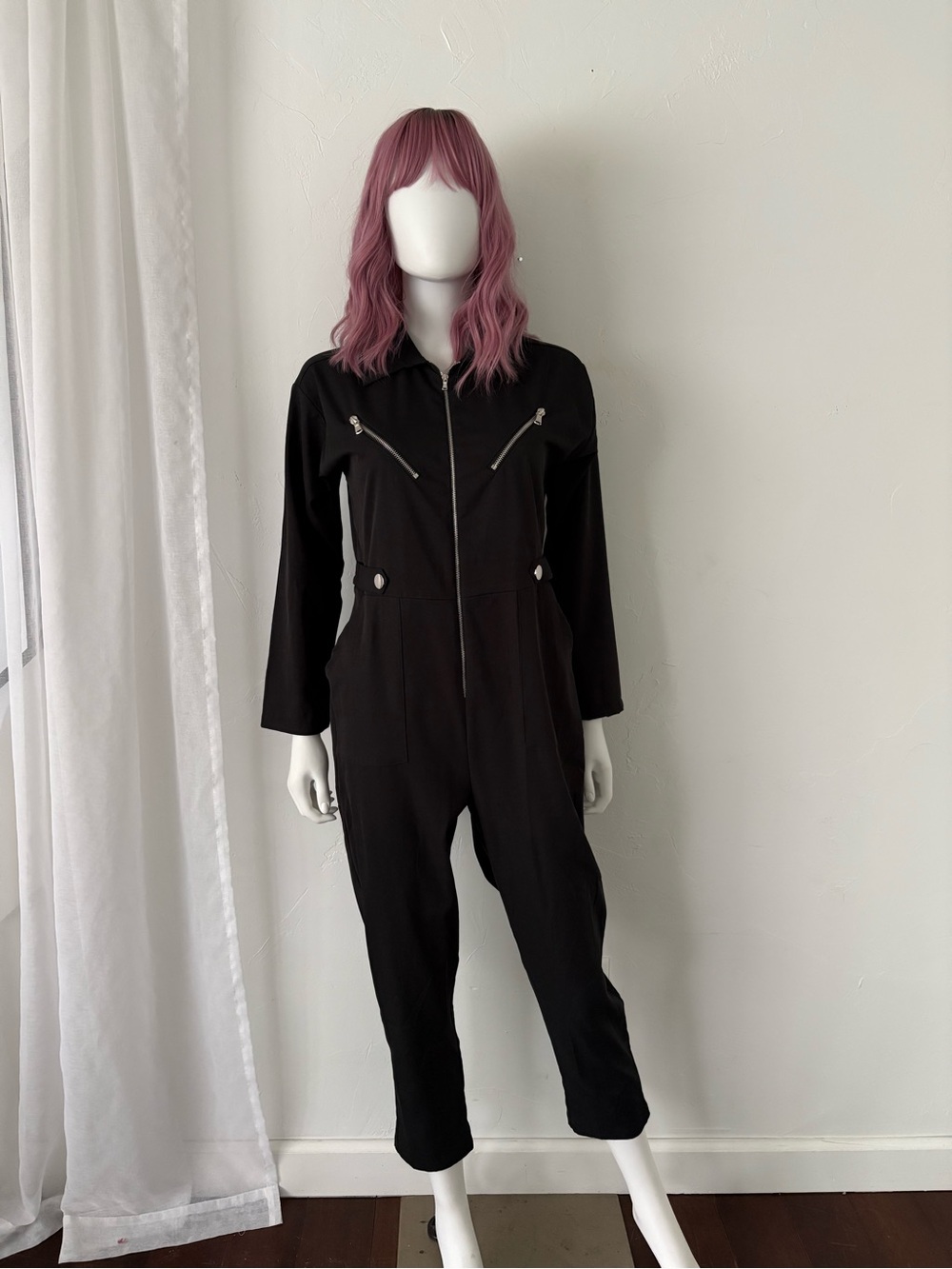 Nasty Gal Black Long-Sleeve Zip-Front Utility Jumpsuit